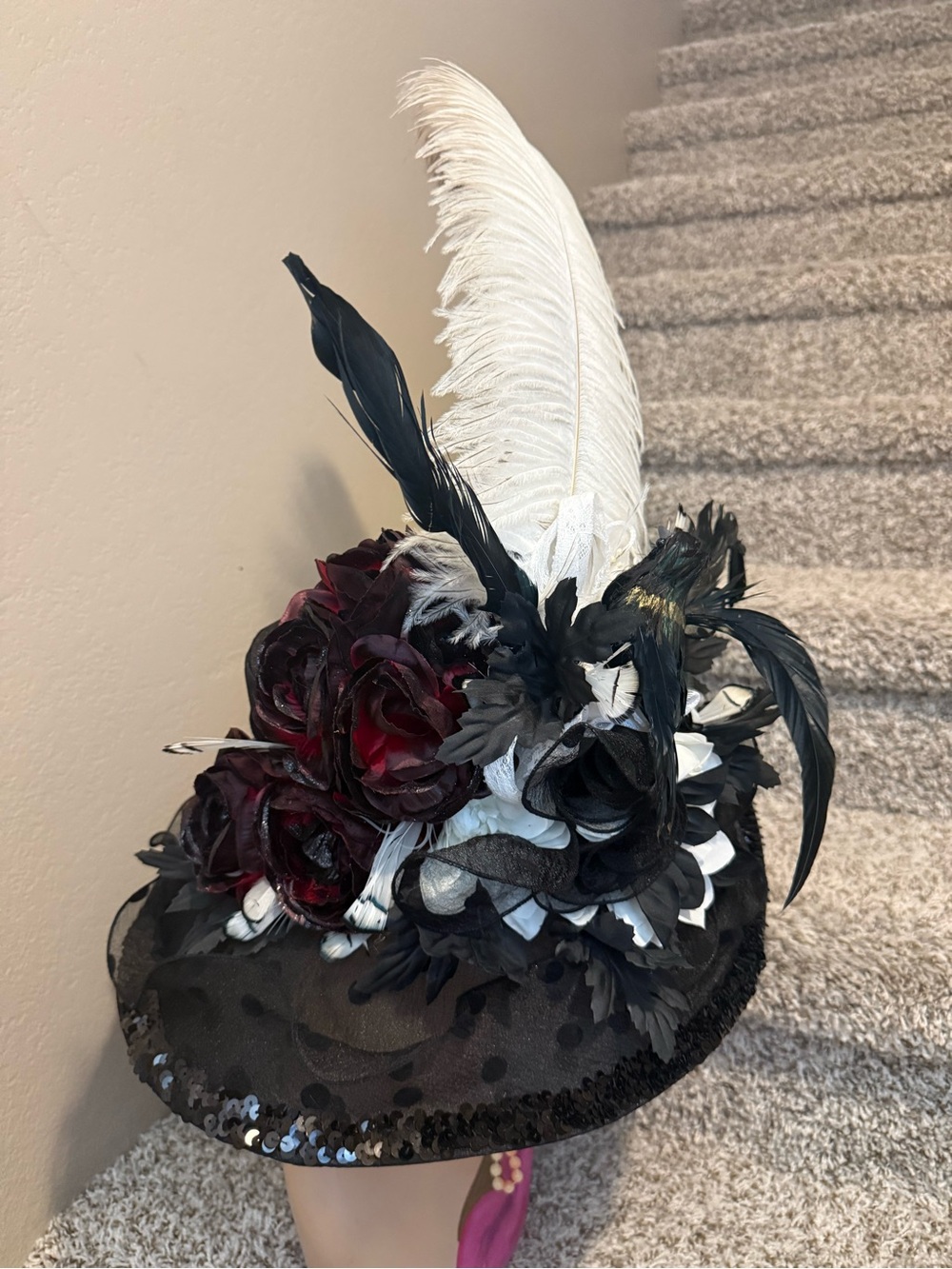 Elegant Black and White Feathered Floral hat blazing